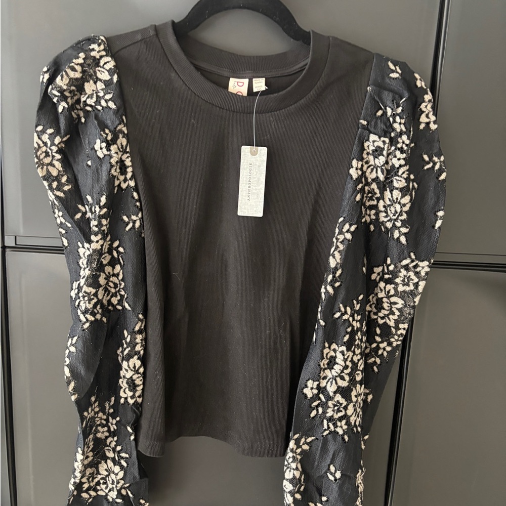 Anthropologie Black Floral Lace Sleeve Top